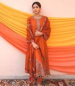 Rust Multi Color Chanderi Handloom Organza Kurta Set