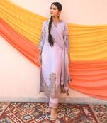 Lilac Multi Color Chanderi Handloom Organza Kurta Set. 