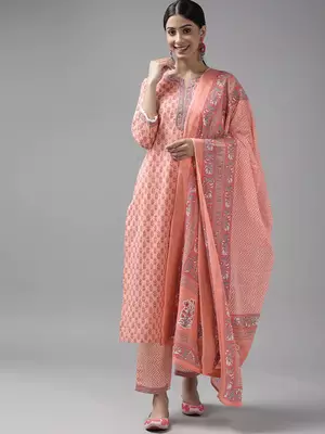 Peach printed cotton ethnic-kurtis 1