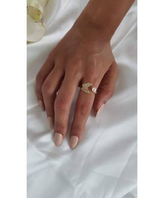 Gold Plated Gardenia Butterfly Pearl & Crystal Ring 2