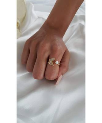 Gold Plated Gardenia Butterfly Pearl & Crystal Ring 3