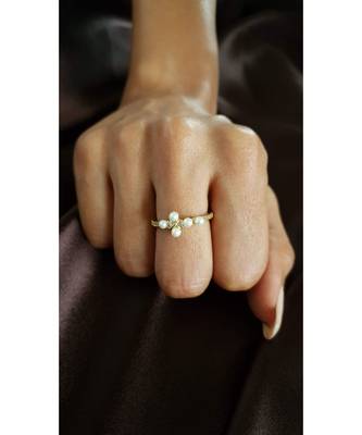 Yellow Gold Plated Crystal & Pearl Cynthia Cross Ring 2