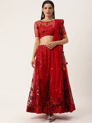 Red Color Net Sequins Embroidery Work Semi Stitched Lehenga & Un Stitched Blouse With Dupatta  1