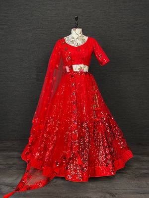 Red Color Net Sequins Embroidery Work Semi Stitched Lehenga & Un Stitched Blouse With Dupatta  2
