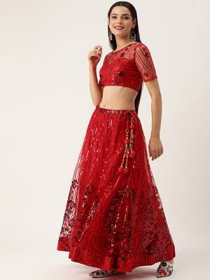 Red Color Net Sequins Embroidery Work Semi Stitched Lehenga & Un Stitched Blouse With Dupatta  3