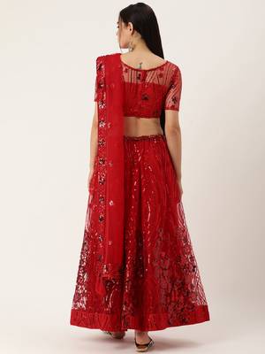 Red Color Net Sequins Embroidery Work Semi Stitched Lehenga & Un Stitched Blouse With Dupatta  4