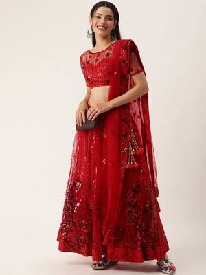 Red Color Net Sequins Embroidery Work Semi Stitched Lehenga & Un Stitched Blouse With Dupatta  5
