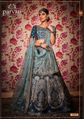 Navy-blue thread embroidery silk unstitched lehenga 2
