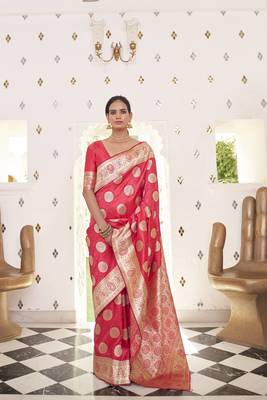 Pink woven satin saree with blouse 1
