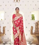 Pink woven satin saree with blouse