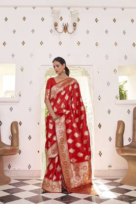 Red woven satin saree with blouse 1