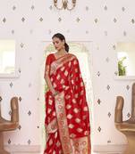Red woven satin saree with blouse