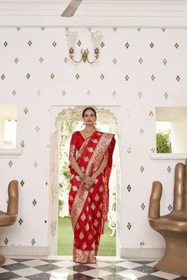 Red woven satin saree with blouse 2
