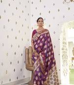 Purple woven satin saree with blouse