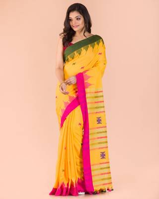 Yellow hand woven cotton saree with blouse 1
