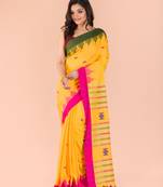 Yellow hand woven cotton saree with blouse