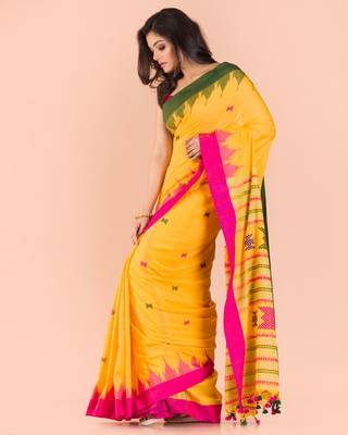 Yellow hand woven cotton saree with blouse 2