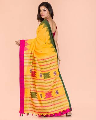 Yellow hand woven cotton saree with blouse 3