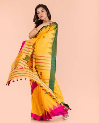 Yellow hand woven cotton saree with blouse 4