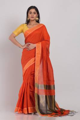 Orange hand woven blended cotton saree with blouse 1