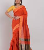 Orange hand woven blended cotton saree with blouse