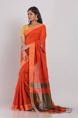Orange hand woven blended cotton saree with blouse 2