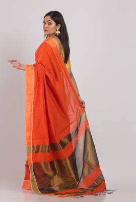 Orange hand woven blended cotton saree with blouse 3