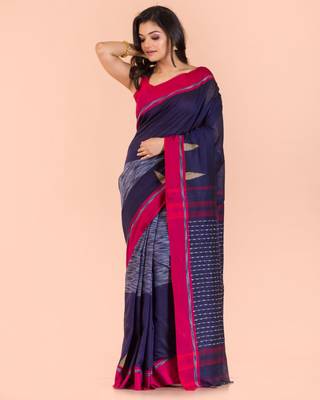 Blue hand woven cotton saree with blouse 1