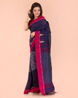 Blue hand woven cotton saree with blouse 2