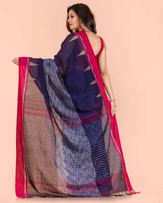 Blue hand woven cotton saree with blouse 3