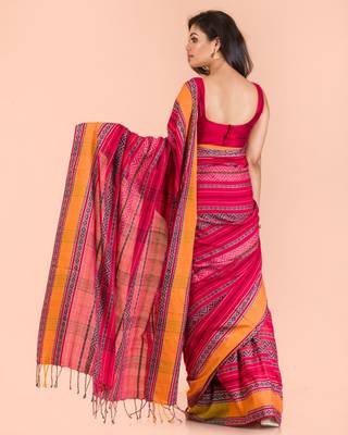 Multicolor hand woven cotton saree with blouse 3
