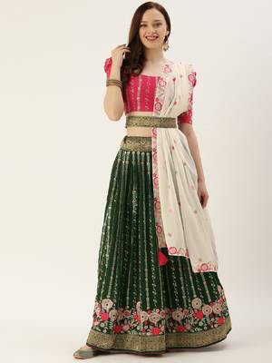 Green Color Georgette Thread and Sequins Embroidery Work With  Banarasi lace Border Semi Stitched Lehenga Choli 1