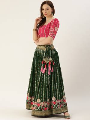 Green Color Georgette Thread and Sequins Embroidery Work With  Banarasi lace Border Semi Stitched Lehenga Choli 3