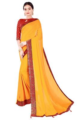 Mustar Vichitra Silk Plain Bollywood Saree With Banarasi Silk Blouse. 1