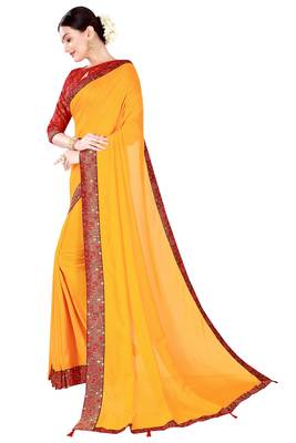 Mustar Vichitra Silk Plain Bollywood Saree With Banarasi Silk Blouse. 2