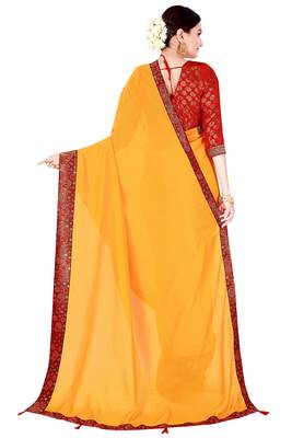 Mustar Vichitra Silk Plain Bollywood Saree With Banarasi Silk Blouse. 3