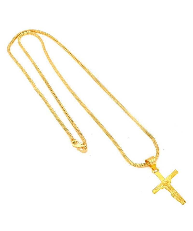 Men's/Women's Cross and Jesus Copper Gold Plated and American Diamond Locket with 24 Inches Long Chain (Golden Yellow)