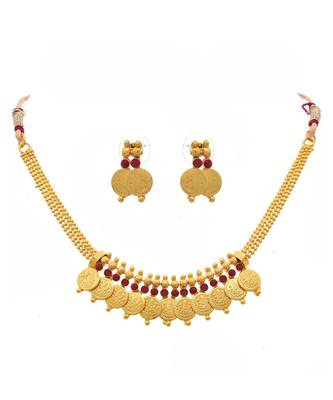 Traditional high gold plated Red Diamond Designer Copper Laxmi Coin Necklace Set with Earrings 1