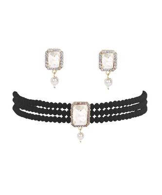 Black Beads & American Diamond Choker Necklace Set With Matching Earrings 1