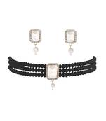 Black Beads & American Diamond Choker Necklace Set With Matching Earrings