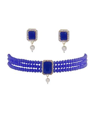 Blue Beads & American Diamond Choker Necklace Set With Matching Earrings 1