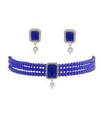 Blue Beads & American Diamond Choker Necklace Set With Matching Earrings