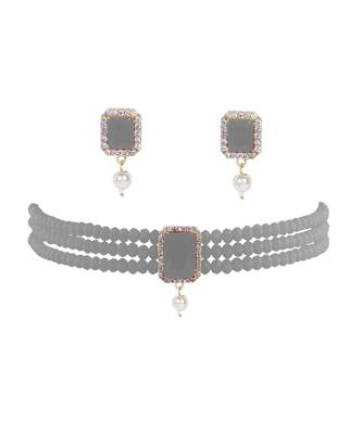 Grey Beads & American Diamond Choker Necklace Set With Matching Earrings 1