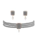 Grey Beads & American Diamond Choker Necklace Set With Matching Earrings