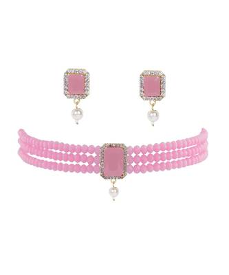 Pink Beads & American Diamond Choker Necklace Set With Matching Earrings 1