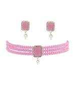 Pink Beads & American Diamond Choker Necklace Set With Matching Earrings