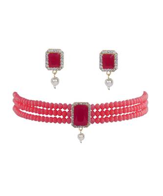 Red Beads & American Diamond Choker Necklace Set With Matching Earrings 1