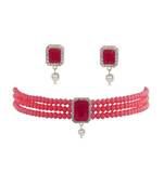 Red Beads & American Diamond Choker Necklace Set With Matching Earrings