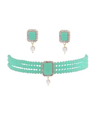 Sea Green Beads & American Diamond Choker Necklace Set With Matching Earrings 1