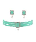 Sea Green Beads & American Diamond Choker Necklace Set With Matching Earrings